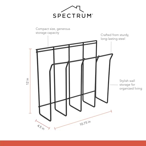 Spectrum Large Wall Magazine Rack Holder for Displaying Magazines Catalogs Newspapers Books Files, Black Metal Wire Wall Mounted Magazine Rack Holding Caddy for Bathroom Office Display Organization