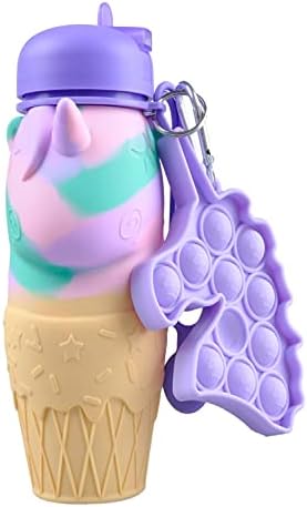 CARESWAY Unicorn Water Bottle for Girls and Boys with Keyring - 500 ml Kids Drinking Bottle with Spout for School - Collapsible Leakproof BPA Free for Children Drinks