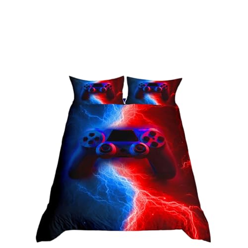 Homewish Gamer Gaming Bedding Sets King Size,Lightnings Gamepad Duvet Cover, Video Games Comforter Cover for Kid Teens Boys and girls Man, Modern Bedroom Decor 3 Pcs Bedding Set,Red Blue