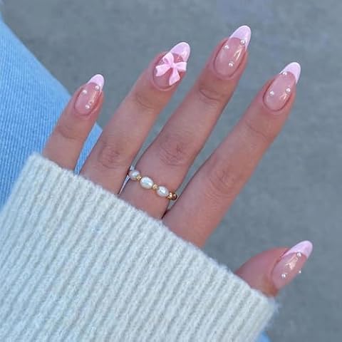 MISUD Press on Nails Medium Almond Fake Nails Glossy Glue on Nails Pink French Tip Acrylic Nails Stiletto Artificial Nails Cute Bow Pearl Stick on False Nails with Design 24 pcs Cover