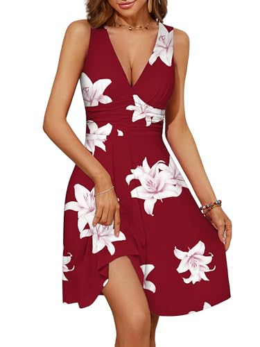Image of OURIN Women's Spring Deep V Neck Sleeveless Floral Sundresses with Pockets Flowy Summer Dresses for Women