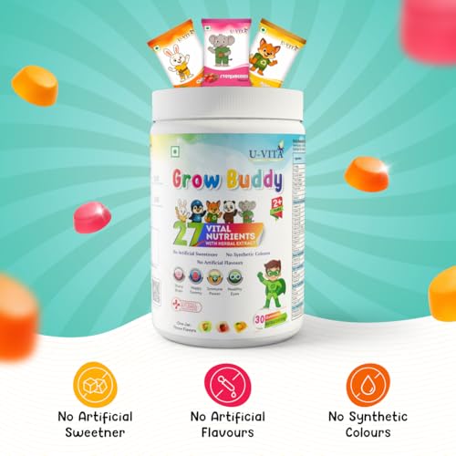 Image of U-VITA Grow Buddy Multivitamin Gummies for Kids (2+ Years) | No Added Sugar | 27 Essential Vitamins, Minerals & Pure herbal extracts | 3 Flavours - Mango, Strawberry & Orange | 30 Gummies | Made in India and Formulated in the UK