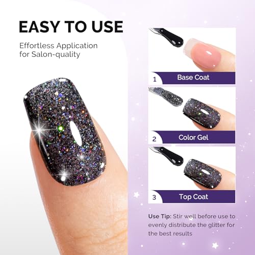 Image of MelodySusie Galaliver Black Glitter Gel Nail Polish, 15ML Sparkly Shimmer Black Gel Polish Soak Off UV LED Cured Long Lasting Gift for Women DIY Nail Design Nail Art Manicure X10