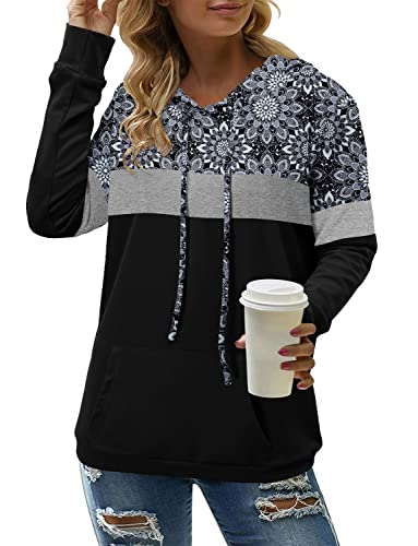 Crazy Grid Womens Hoodies Casual Long Sleeve Sweatshirt With Kangaroo Pocket Drawstring Tops Retro Black Medium #TOP1