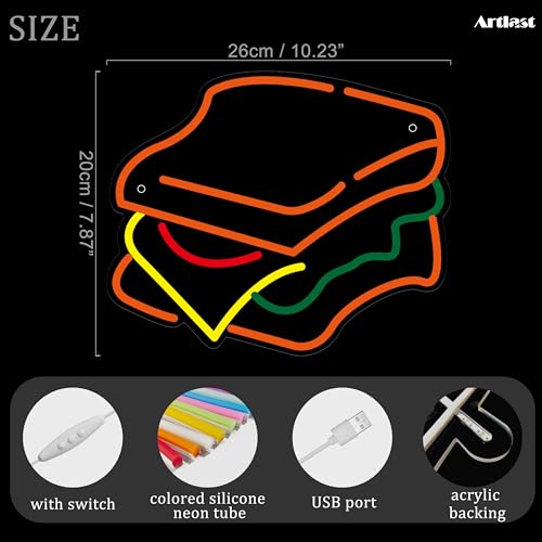 Image of Sandwich Neon Sign LED Sandwich Sign for Wall Decor Dimmable Neon Light for Fast Food Shop Decoration Wall Hanging Food Sign for Home Kitchen Restaurant Party Gift for Boys Girls