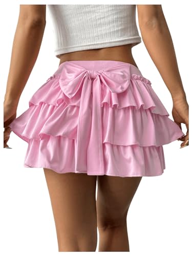 Women's Bow Back Mini Skirt Elastic Low Waist Layered Ruffle Hem Short Cake Skirts
