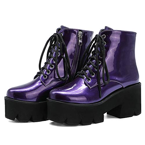 Image of Parisuit Womens Goth Patent Ankle Boots Platform Chunky Combat Boots | Lace Up, Gothic Boots, High Heel, Punk Short Booties, Buckle Boots, Chain Boots