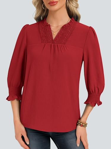 Funlingo Women Blouses Dressy Casual V Neck 3/4 Length Sleeve Womens Tops Boho Lace Crochet T Shirts Beach Vacation Spring Clothes 2026 Red 2XL — view 2
