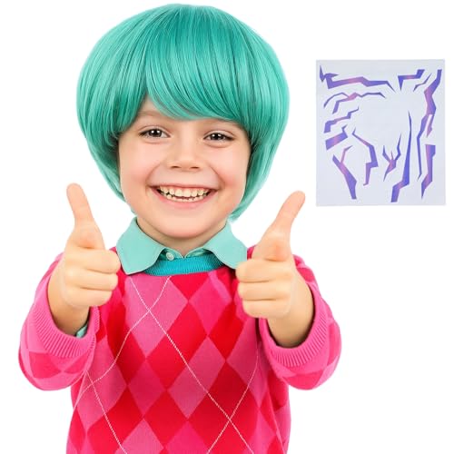 PUREHAIR Short Green Synthetic Hair Costume Wig with 2 PCS Tattoos Natural Looking Cosplay Wigs for Halloween Party Cosplay Events (Green)