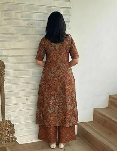 Image of ANNI Designer Women's Rayon Viscose Straight Printed Kurta with Palazzo | Elbow Length Sleeve Kurti Set | Close Neck with Back Slit | Soft Comfortable Fabric | 2 Piece Outfit