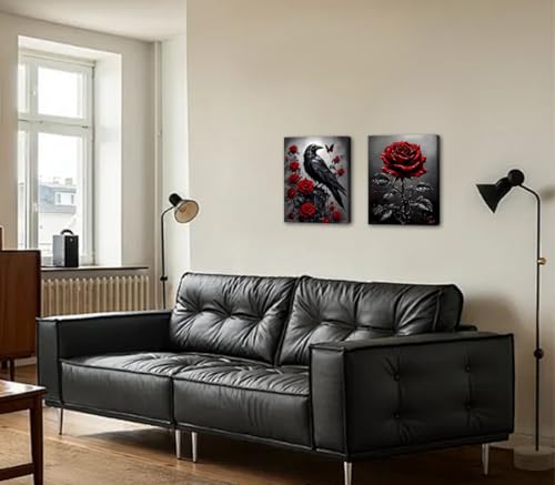 Image of Framed Red Rose & Crow Wall Art 12x16 inch,Vintage Flowers Canvas Wall Art,Dark Academia Botanical Poster Prints,Romantic Rose Floral Decor for Living Room,Bedroom,Bathroom