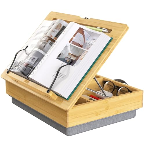 AboveTEK Book Stand for Reading with Storage, Adjustable Bamboo Book Holder with Soft Lap Cushion, Cookbook Stand, Hands-Free Book Reading Stand for Bed, Desktop & Kitchen Counter