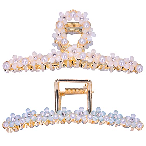 Metal Hair Clips Shiny With Flower And Pearl Large Hair Claw Barrettes For Women And Girls, Nonslip Fashion Hair Styling Accessories Daily Use Strong Hold For Thick/Thin Hair #TOP1