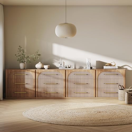 Image of BELLEZE Set of 4 Fluted Modular Sideboard Cabinet, 130'' Classic Modern Buffet Cabinet with 3 Drawers, Accent Credenza Cabinet for Living Room Kitchen Entryway (Camel)
