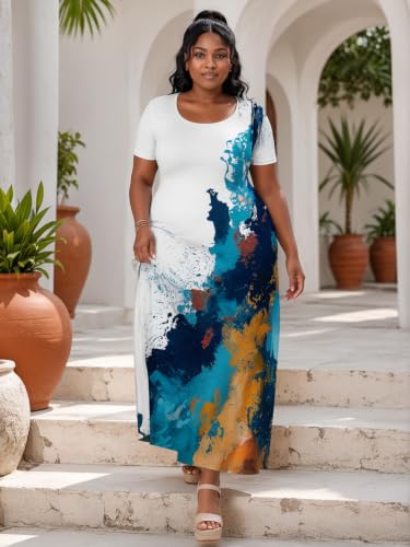 Image of PinkPatty Plus Size Dress for Women Casual Crew Neck Short Sleeve Maxi Dress Oversized Summer Beach Dresses with Pockets