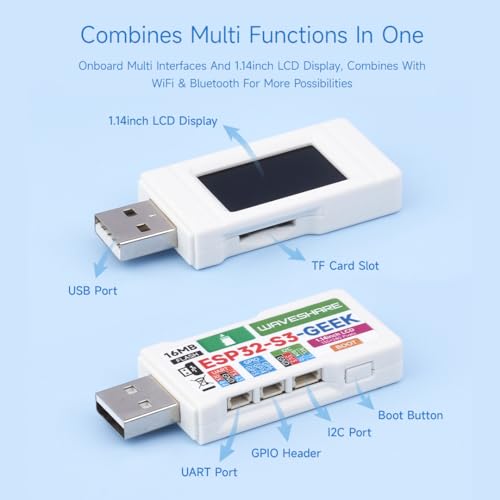 Waveshare ESP32-GEEK Development Board, Based On ESP32-S3R2 Controller Chip, with 1.14inch 65K Color LCD, Supports WiFi & Bluetooth LE, USB-A Male Port, with White Plastic Case - imagen 5