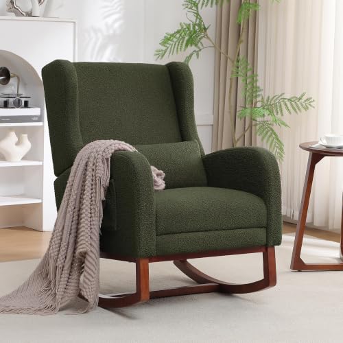 Image of HCHAIRH Rocking Chair Nursery with Foot Rest, Wingback Nursery Rocking Chairs Teddy Nursing Chairs Glider Rocker with Pillow for Living Room, Bedroom, Green