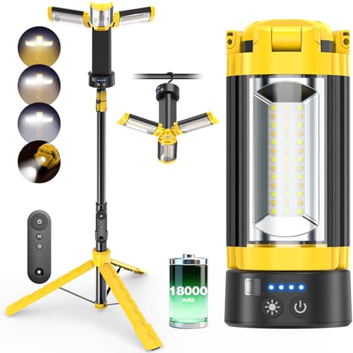 OGERY Camping Lights with Remote, 18000mAh Rechargeable Camping Lantern & LED Work Light, Detachable Tripod Stand up to 6.7 ft, 3 Lamp Heads for Camping Essentials & Emergency, Yellow