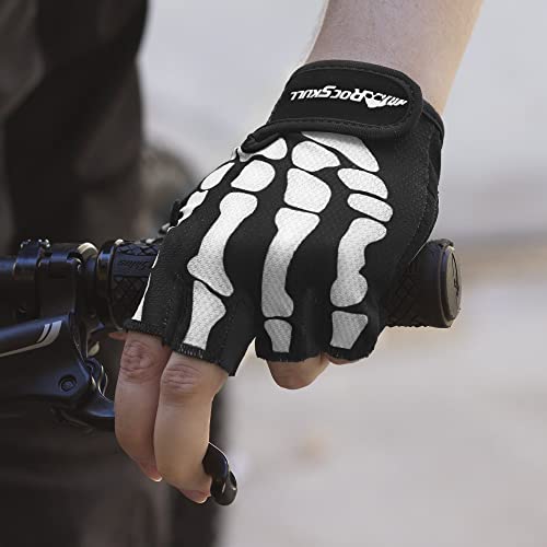 Rocride Skeleton Cycling Gloves Gel Padded Half Finger Road Mountain Bmx Unisex Men Women And Youth Sizes Black With White Blue Red Pink Or Green Print #TOP7