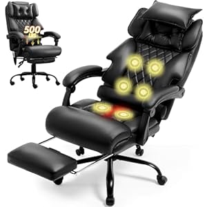 Massage Office Chair with Foot Rest,6 Points Vibration & Heat Executive Office Chairs,Big and Tall Leather Office Chair 500LBS,Ergonomic Desk Chair for Heavy People,Recliner with Dual-Use Pillow,Black