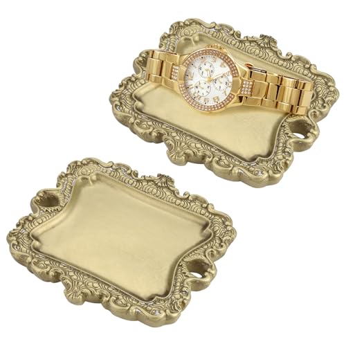 Fatiya Lot de 2 plateaux à bijoux antiques pour bagues, style baroque, pour commode, collier, bracelet, femme, mariage, anniversaire (couleur laiton)