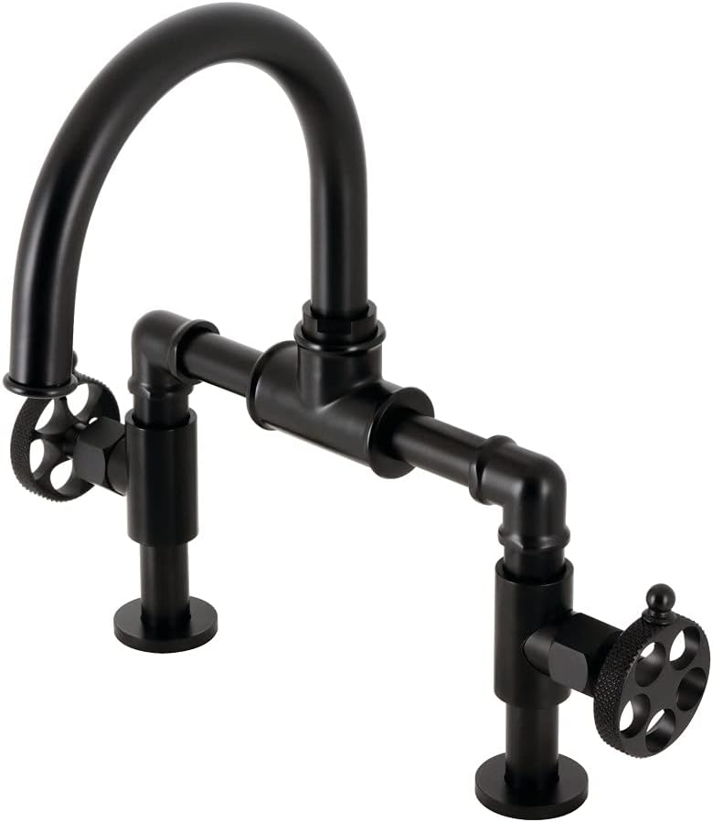 Kingston Brass KS2177RKX Webb Two-Handle 2-Hole Deck Mount Bridge Bathroom Faucet with Knurled Handle and Push Pop-Up Drain in Brushed Brass