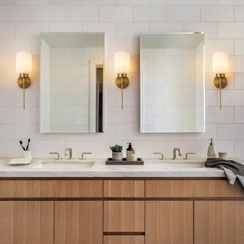 Image of Gold Bathroom Wall Sconce, 1-Light Single Bathroom Vanity Light, Modern Brass Wall Sconce with Frosted Milk White Striped Glass Shade for Bedroom Hallway Entrance