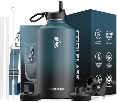 Coolflask 128 oz Gallon Water Bottle Insulated with Straw&3 Lids, Water Jug Large Stainless Steel Metal Vacuum Wide Mouth for Sports, Gym or Office, Non-BPA Keep Cold 48H Hot 24H, Samurai Cyan