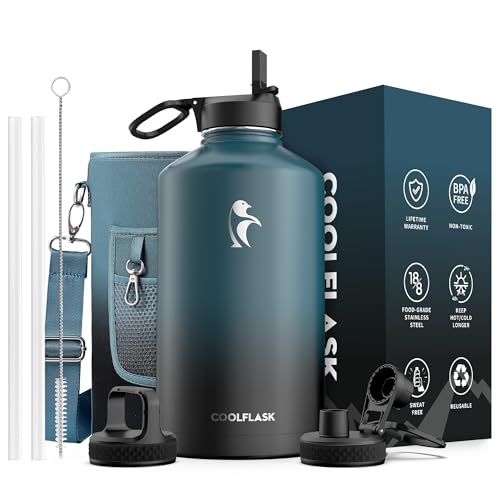 Coolflask 128 oz Gallon Water Bottle Insulated with Straw&3 Lids Water Jug Large Stainless Steel Metal Vacuum Wide Mouth for Sports Gym or Office Non-BPA Keep Cold 48H Hot 24H Samurai Cyan