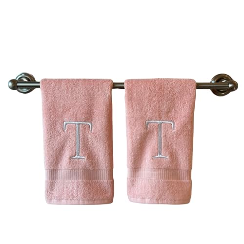 Pink with White Monogrammed Hand Towels for Bathroom - Set of 2 Letter T