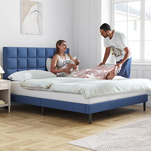 Molblly Twin Bed Frame Upholstered Platform With Headboard And Strong Wooden Slats,Non-Slip And Noise-Free,No Box Spring Needed, Easy Assembly,Dark Blue #TOP2