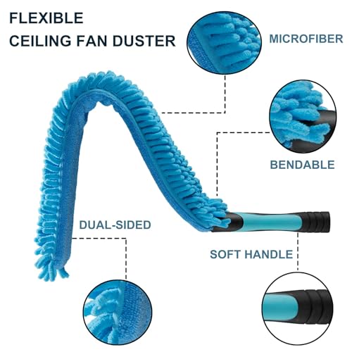 Image of 25 Foot High Ceiling Fan Duster with 6-18ft Extension Pole, Extendable Reusable Cobweb, Feather, Window Cleaning Squeegee Kit