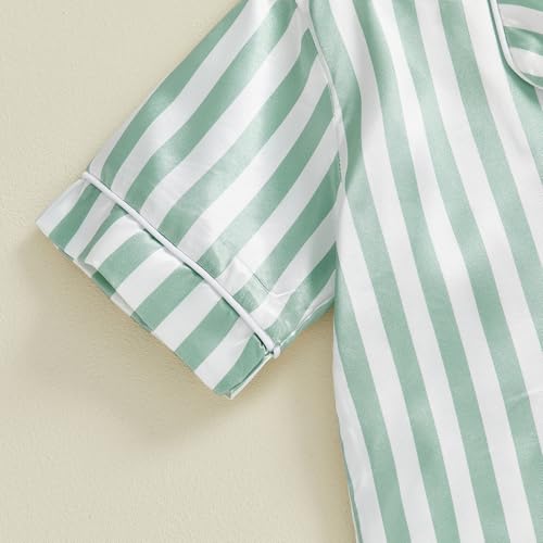 Douhoow Kids Toddler Baby Girls Pajamas Silk Satin Short Sleeve Botton Down Shirt Tops Shorts Set Summer Sleepwear Lounge Pjs (Green Striped, 2-3 Years)