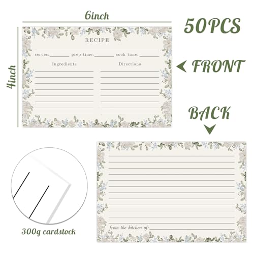 JOETMAE 50PCS Floral Border 4×6 Recipe Cards - In Double Sided Blank Card stock Recipe Cards for Bridal Shower Wedding Baby Shower Kitchen Diaries Banquet Preparation