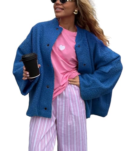 CHARTOU Women Oversized Fall Winter Fleece Jacket Fuzzy Wool Blend Varsity Bomber Jacket Warm Casual Coats