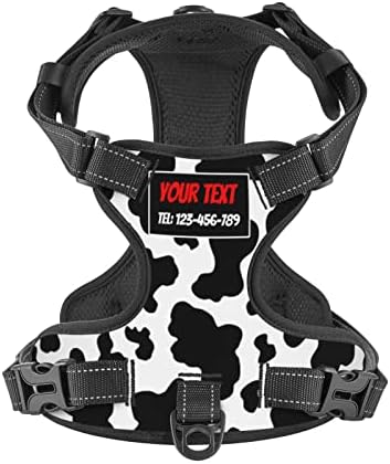 Custom No Pull Dog Harness, Personalized Cow Texture Print Dog Vest with Pet Name Phone Number, Customized Adjustable Reflective Pet Harness for Large Medium and Small Dogs Cats Outdoor Walking