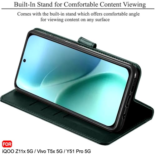 Image of TheGiftKart Flip Back Cover Case for iQOO Z11x 5G / Vivo T5x 5G / Vivo Y51 Pro 5G | Genuine Leather Finish | Designer Button | Inbuilt Pockets & Stand | Flip Back Case Cover (Faux Leather, Green)