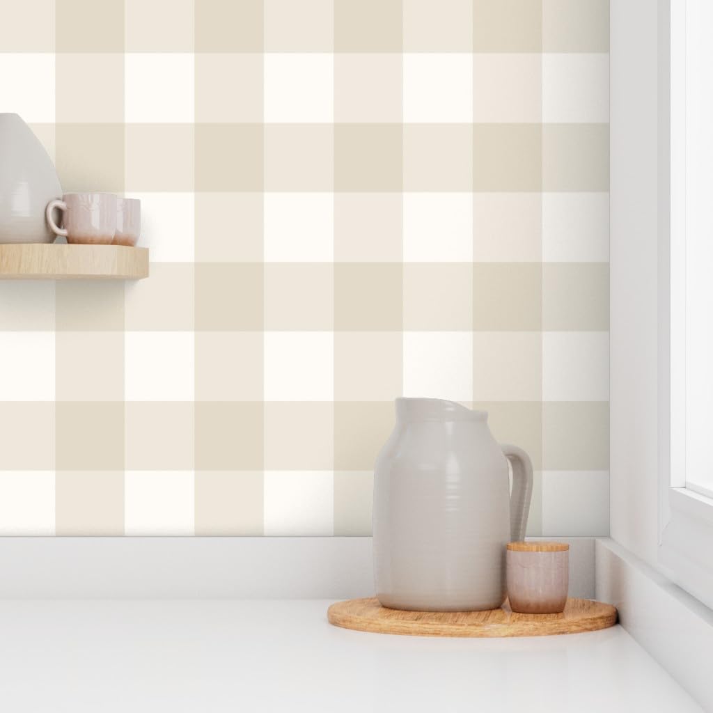 Spoonflower Removable Wallpaper Swatch - Neutral Plaid Buffalo Check Tan Cream Khaki Farmhouse Classic Traditional Custom Pre-Pasted Wallpaper
