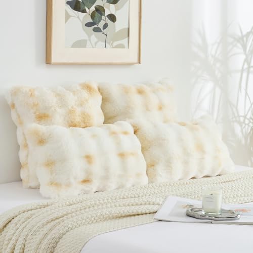 FUTEI Yellow White Decorative Throw Pillow Covers 22x22 Inch Set of 2,Soft Fuzzy Faux Rabbit Fur Cushion Covers with Raised Texture,Neutral Boho Home Decor for Couch Bed Living Room