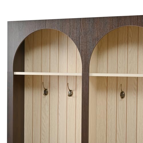 Image of Ball & Cast Farmhouse Hall Tree with Bench, 59 inch Entryway Storage Bench with Arched Design, 8 Metal Hooks, 3 Drawers Shoe Organizer, Wooden Style Coat Rack for Living Room, Dark Walnut