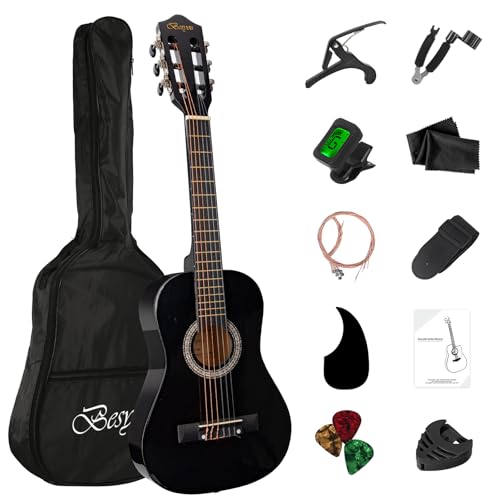 BESYOU 30' Black Beginner Acoustic Guitar Starter Package Student/Kids Guitar with Gig Bag,Strap,2 Picks,Extra Strings, Electronic Tuner.
