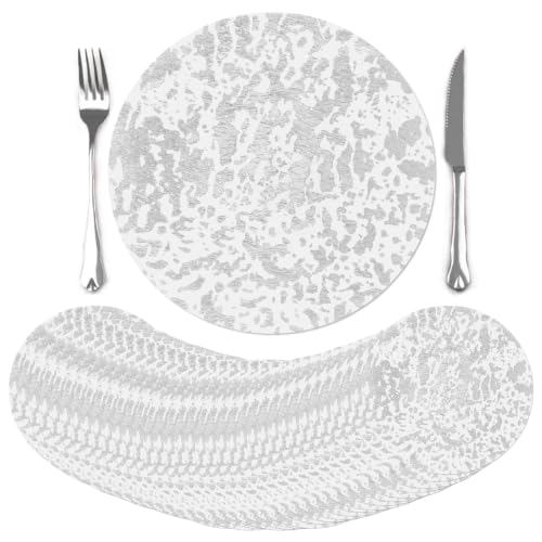 comfoyar Juego de 100 Manteles Individuales Redondos Desechables Plateados | Salvamanteles Individuales Metálicos con Malla Metálica Prensada para Comidas Bodas Cumpleaños Navidad Decoración, 33cm