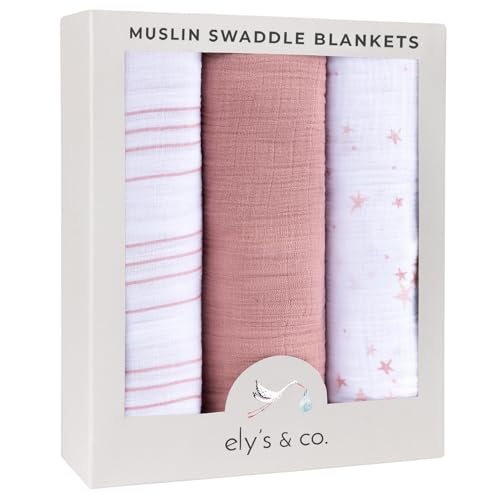 Image of Ely's & Co. Muslin Swaddle Blanket 3-Pack for Baby Girl — 100% Cotton Muslin Extra-Large Swaddle Blankets (47” x 47”) — (Mauve Pink Stars │ Solid Dusty Rose │ Dusty Rose Stripes)