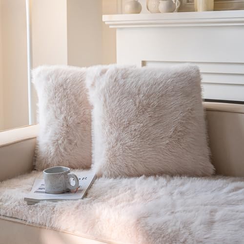 Neelvin Beige Faux Fur Cozy Fluffy Double-Sided Decorative Throw Pillow Covers 16x16 inch Set of 2,Velvet Pillowcase Cushion Case for Sofa Couch