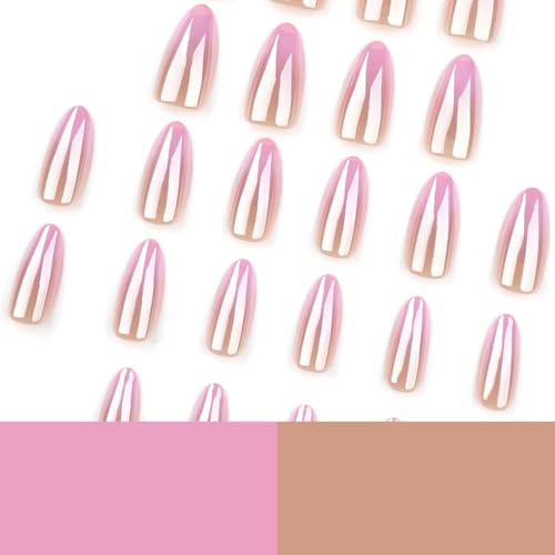 Image of Pink Chrome Press on Nails Ombre Fake Nails Medium Almond False Nails with Design Glossy Full Cover Glue on Nails Artificial Acrylic Stick on Nails for Women Girls Spring Summer Nail Decoration 24Pcs