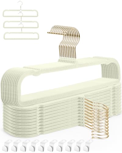 Image of Felt Hangers White Velvet Hangers, Thin Pants Hangers 20 Pack, Adult Hanger | 360 Rotatable Golden Hanger for Jean Slack Closet, Anti-Slip Lightweight Padded Slim Space Saving Flocked Trouser Hangar