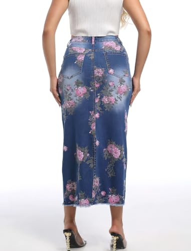 ebossy Women's High Waist Floral Printed Back Slit Frayed Hem Mid Long Bodycon Denim Skirt4