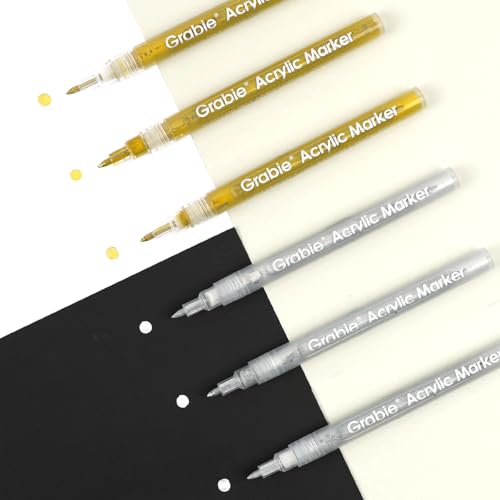Image of Grabie Gold&Silver Extra Fine Tip Acrylic Paint Marker Set, 6 Pack Gold Paint Markers, 0.7mm Acrylic Paint Pens for Black Paper, Halloween Pumpkin, Christmas DIY, Silver Pen(Gold&Silver)