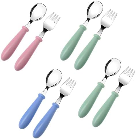 8 Pcs Toddler Spoons and Forks, Stainless Steel Toddler Utensils Kids Silverware Children's Safe Flatware Set Metal Cutlery Set with Round Handle, 4 x Safe Forks, 4 x Children Tablespoons
