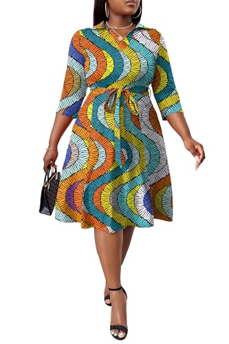 Image of FANDEE Plus Size Midi Dress for Women - Printing Summer Dresses for Wedding Guest Cocktail Party 3 /4 Sleeve V Neck(L-5XL)